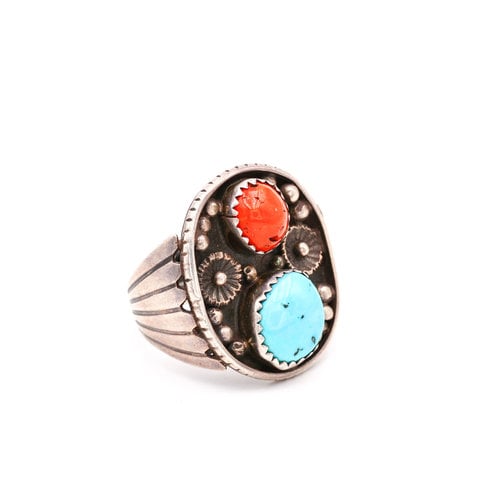 * Sterling Turquoise & Coral Ring