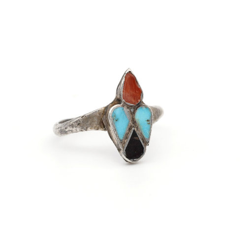 * Native American Sterling Turquoise Coral and Onyx Ring (6) * Native American Sterling Turquoise Coral and Onyx Ring (6)