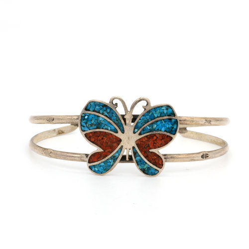 * Inlay Coral and Turquoise Sterling Butterfly Cuff * Inlay Coral and Turquoise Sterling Butterfly Cuff