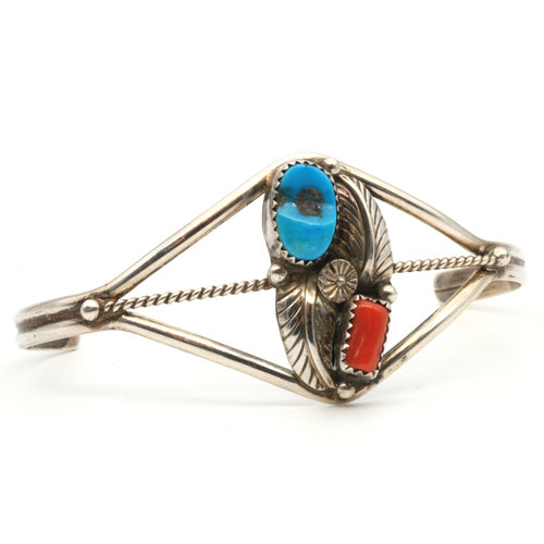 * Sterling Turquoise and Coral Cuff * Sterling Turquoise and Coral Cuff