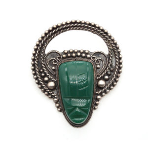 Sterling Mexican Jade Mask Brooch