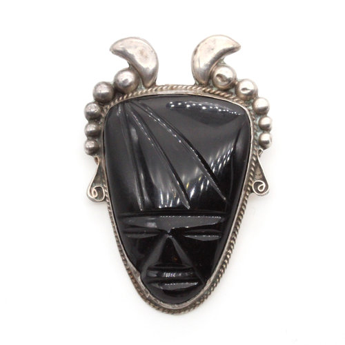 Sterling Mexican Onyx Mask Brooch