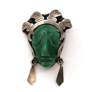 Sterling Mexican Jade Mask Brooch