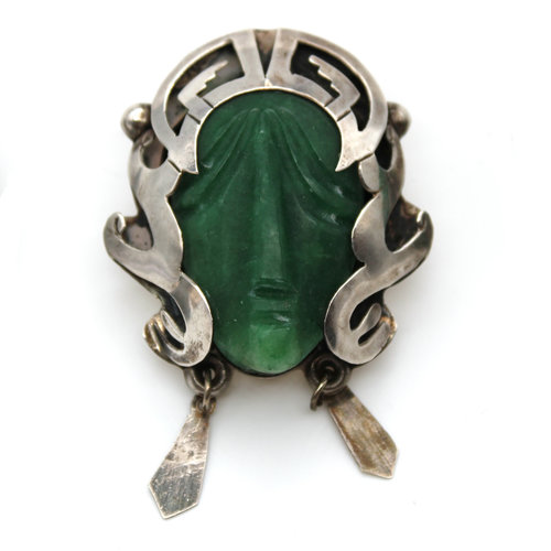 Sterling Mexican Jade Mask Brooch