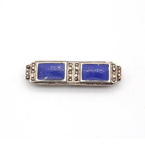 Sterling Lapis Marcasite Brooch