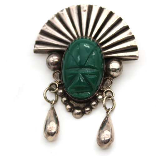 Sterling Mexican Jade Mask Brooch