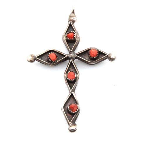 Sterling Turquoise Red Coral Cross Pendant