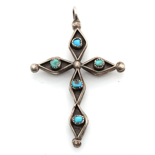 Sterling Turquoise Red Coral Cross Pendant