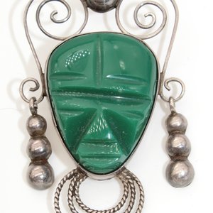 Sterling Mexican Jade Mask Brooch