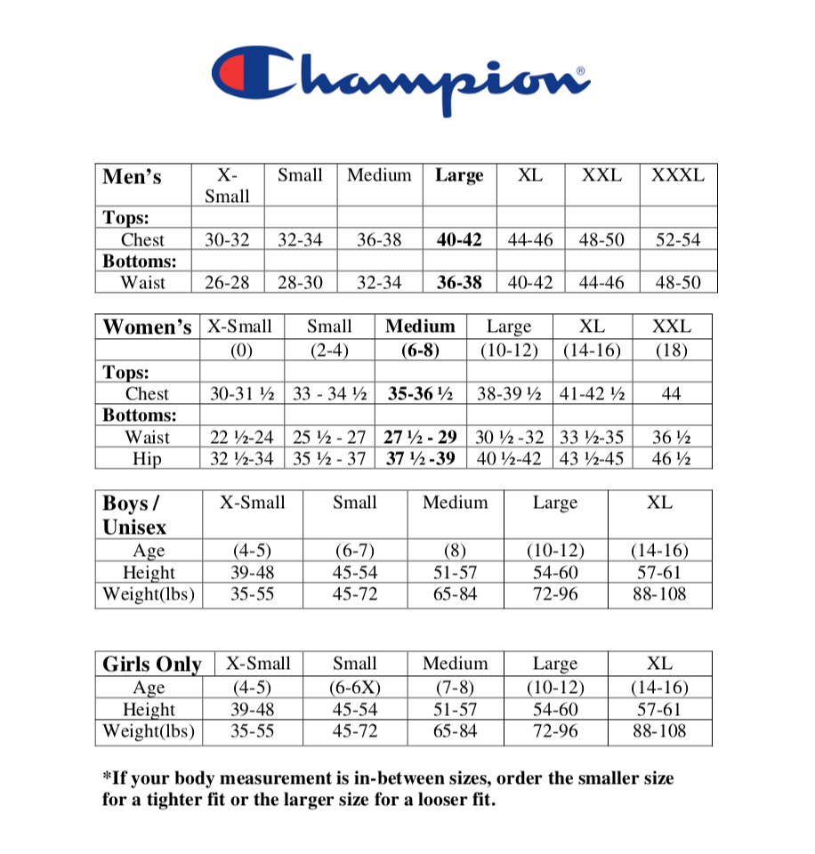 Champion Size Guide – Below The Belt Store