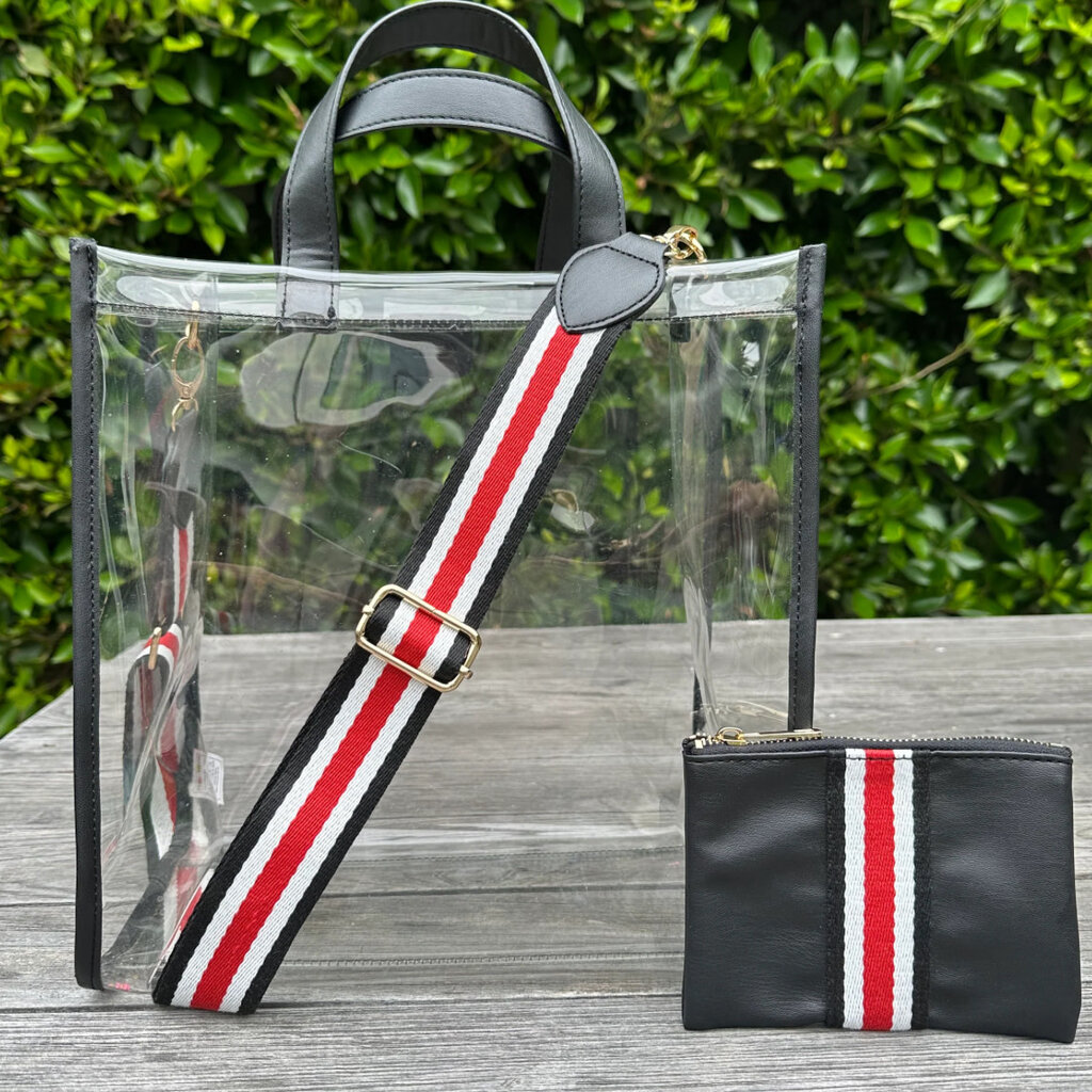 Charlotte Black Clear Tote With Striped Strap