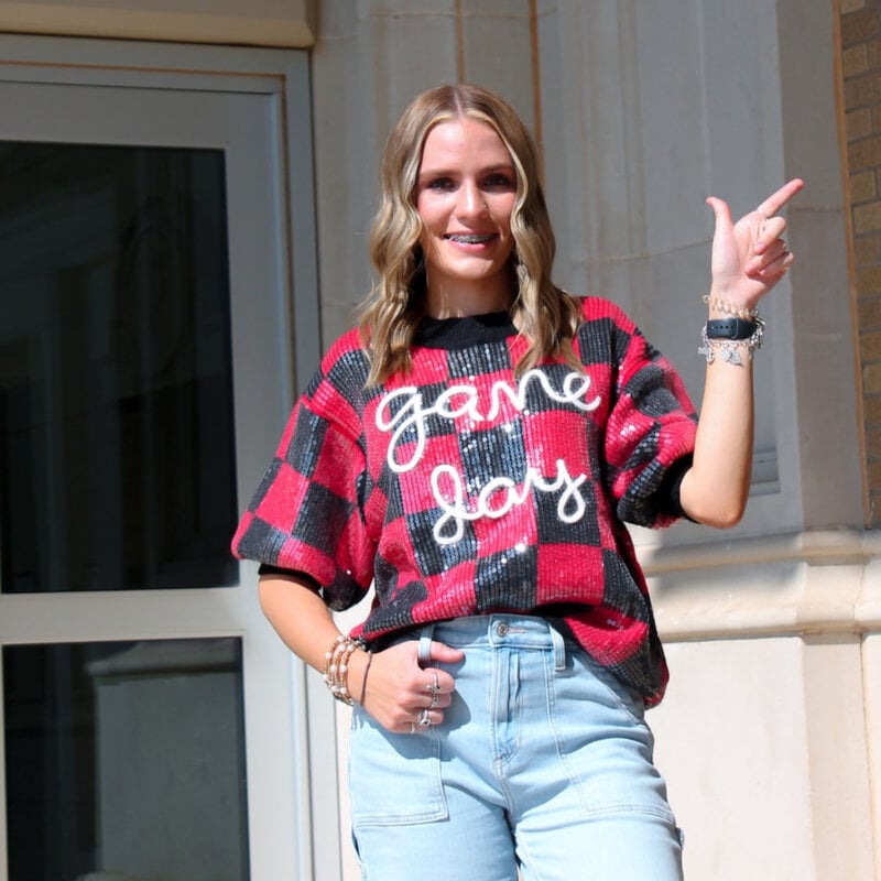 BiBi Gameday Sequin Tinsel Puff Sleeve Top