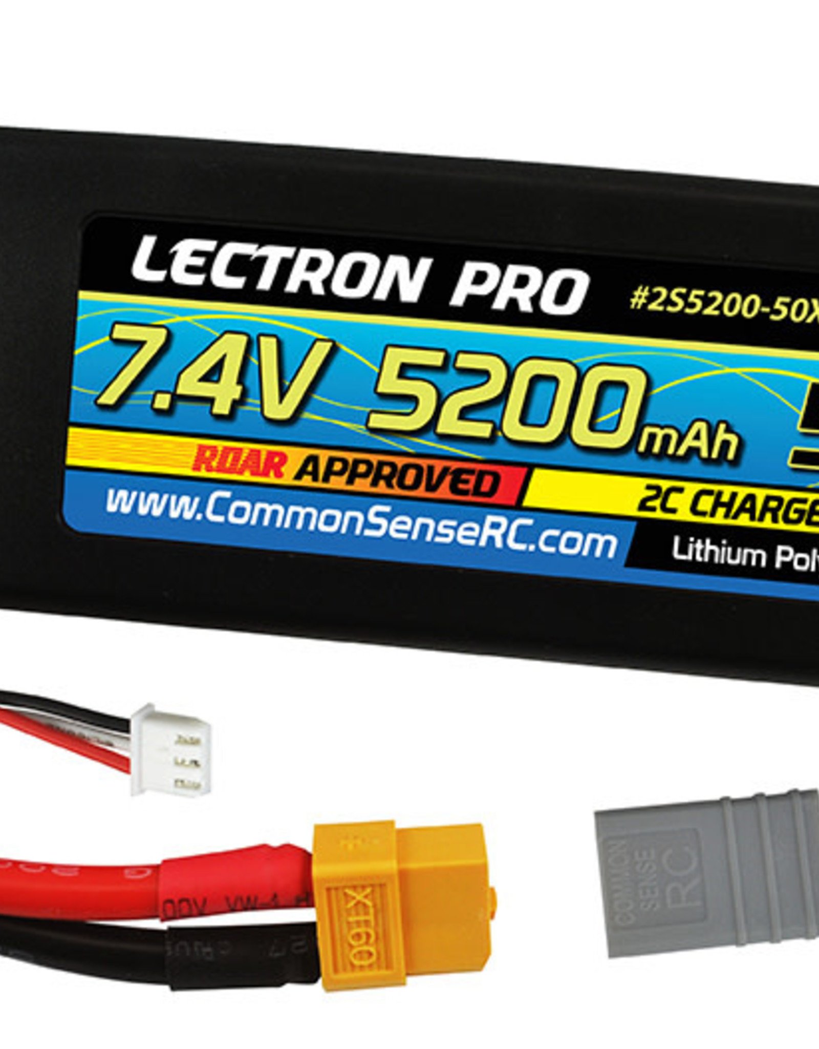 Common Sense Rc Lectron Pro 7.4V 5200mAh 50C Lipo Battery with XT60 Connector + CSRC adapter for XT60 batteries to popular RC vehicles