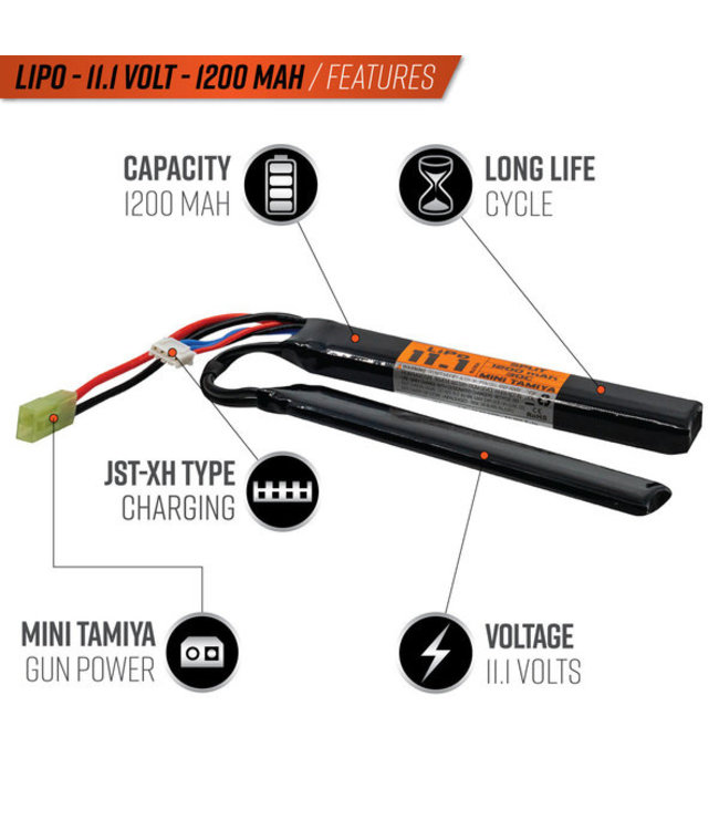 Valken Airsoft Battery - LiPo 11.1v 1200mAh 30c Split Style Tamiya for Airsoft Gun