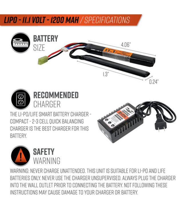 Valken Airsoft Battery - LiPo 11.1v 1200mAh 30c Split Style Tamiya for Airsoft Gun