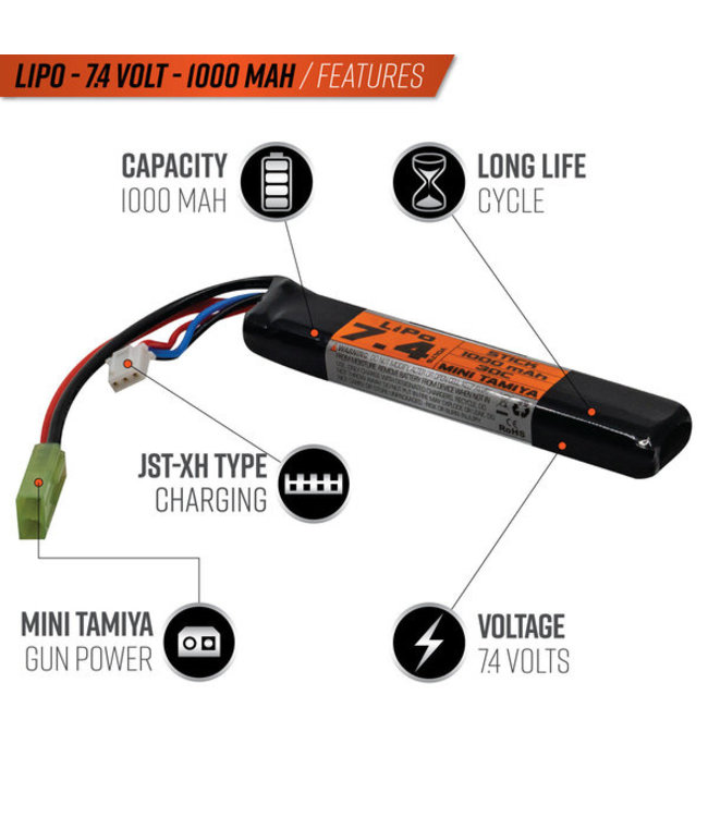 Valken LiPo 7.4v 1000mAh 30c Stick Airsoft Battery (Small Tamiya)