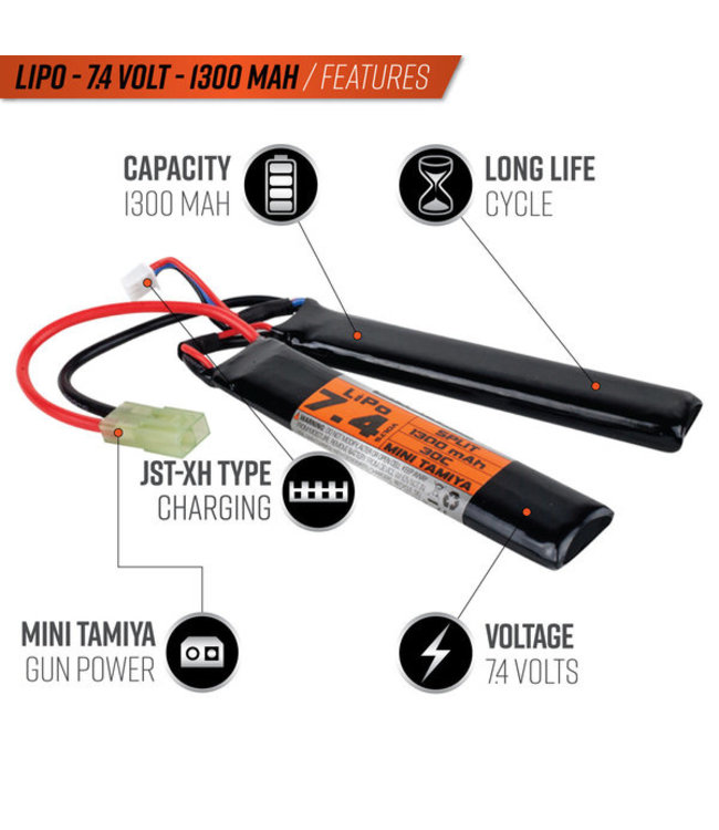 Valken Airsoft Battery - LiPo 7.4V 1300mAh 30c Split Style for Airsoft Gun
