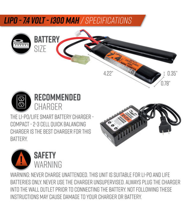 Valken Airsoft Battery - LiPo 7.4V 1300mAh 30c Split Style for Airsoft Gun