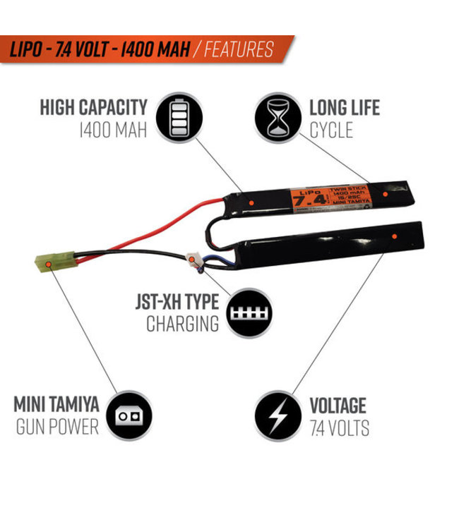 Valken LiPo 7.4V 1400mAh 25C Split Airsoft Battery (Small Tamiya)