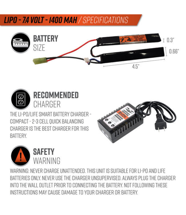 Valken LiPo 7.4V 1400mAh 25C Split Airsoft Battery (Small Tamiya)