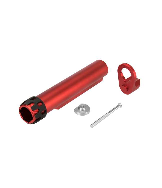 Lancer Tactical Buffer Tube, Extended End Plate, and Enhanced Castle Nut (Red)