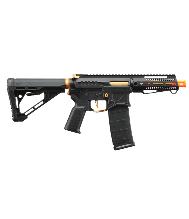 Zion Arms R15 Mod 1 Short Barrel Airsoft Rifle with Delta Stock (Color: Black & Gold)