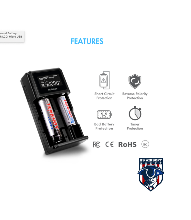 Tenergy 2-bay Universal Battery Charger for Li-ion/NiMH with LCD, Micro USB input