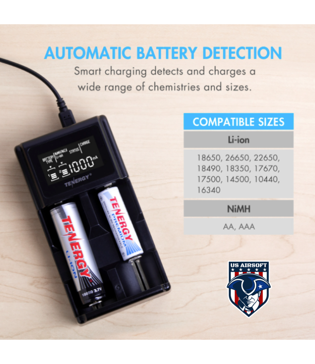 Tenergy 2-bay Universal Battery Charger for Li-ion/NiMH with LCD, Micro USB input