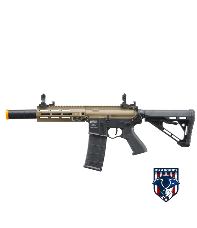 Lancer Tactical Blazer 7" M-LOK Proline Series M4 Airsoft Rifle with Delta Stock & Mock Suppressor (Color: FDE Upper Receiver & Black Lower)
