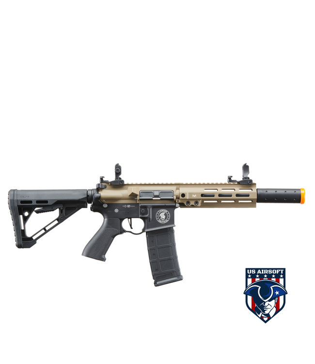 Lancer Tactical Blazer 7" M-LOK Proline Series M4 Airsoft Rifle with Delta Stock & Mock Suppressor (Color: FDE Upper Receiver & Black Lower)
