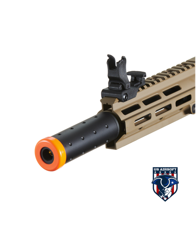 Lancer Tactical Blazer 7" M-LOK Proline Series M4 Airsoft Rifle with Delta Stock & Mock Suppressor (Color: FDE Upper Receiver & Black Lower)