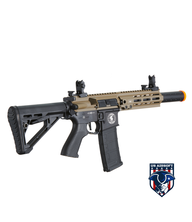 Lancer Tactical Blazer 7" M-LOK Proline Series M4 Airsoft Rifle with Delta Stock & Mock Suppressor (Color: FDE Upper Receiver & Black Lower)