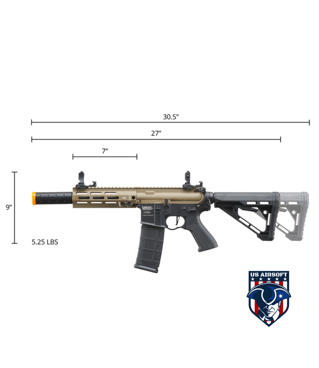 Lancer Tactical Blazer 7" M-LOK Proline Series M4 Airsoft Rifle with Delta Stock & Mock Suppressor (Color: FDE Upper Receiver & Black Lower)