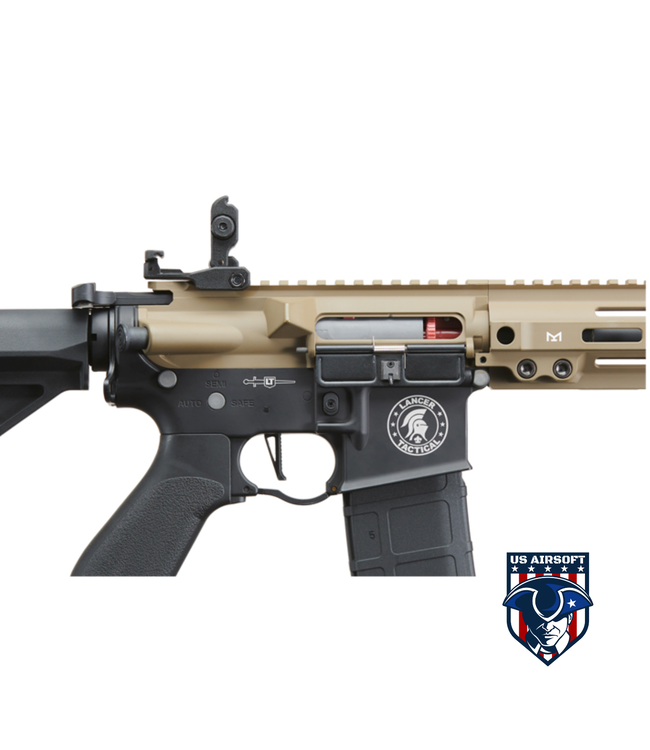 Lancer Tactical Blazer 7" M-LOK Proline Series M4 Airsoft Rifle with Delta Stock & Mock Suppressor (Color: FDE Upper Receiver & Black Lower)