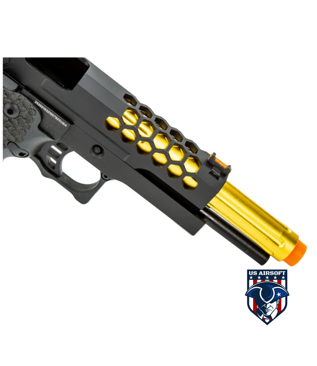 Golden Eagle 3339 OTS .45 Hi-Capa Gas Blowback Pistol w/ Hive Vented Slide & Standard Grip Stippling (Color: Black / Gold Barrel)