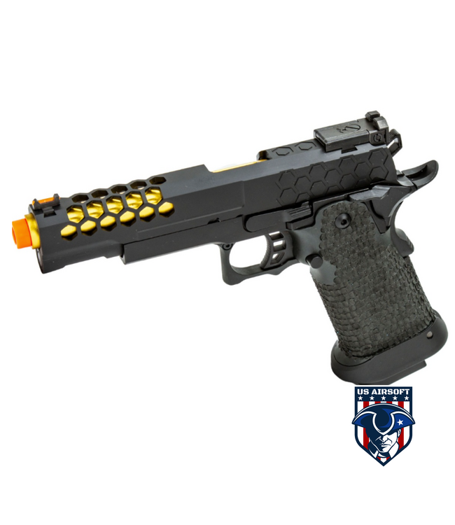 Golden Eagle 3339 OTS .45 Hi-Capa Gas Blowback Pistol w/ Hive Vented Slide & Standard Grip Stippling (Color: Black / Gold Barrel)