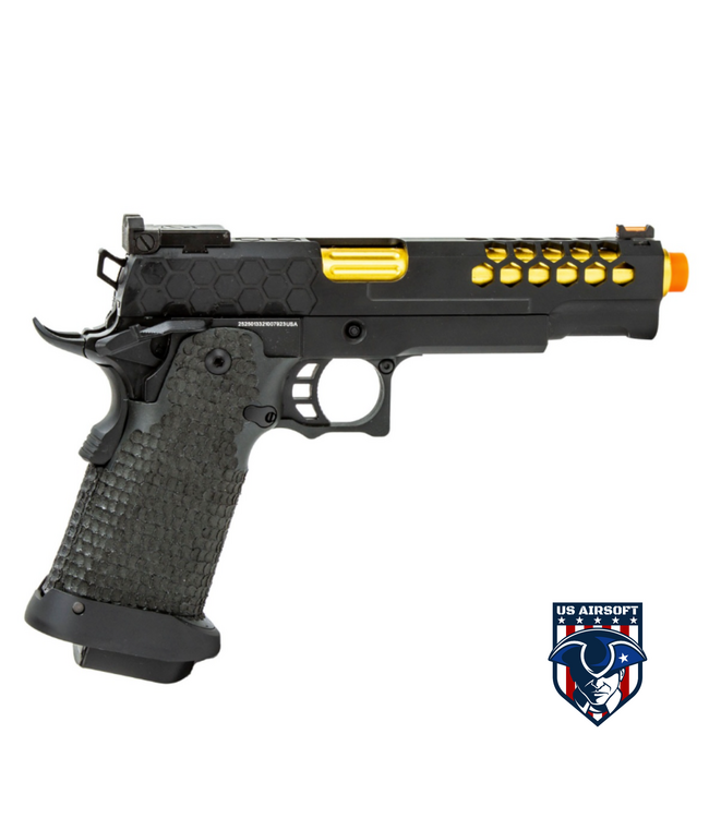 Golden Eagle 3339 OTS .45 Hi-Capa Gas Blowback Pistol w/ Hive Vented Slide & Standard Grip Stippling (Color: Black / Gold Barrel)