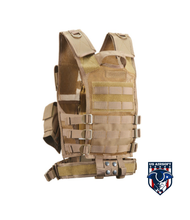 Lancer Tactical Airsoft Cross Draw Vest Youth Size w/ Holster - KHAKI