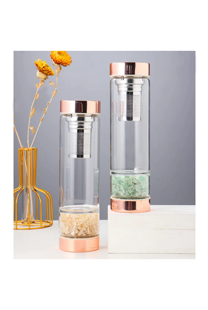 5846 - Crystal Tea Tumbler - ASSORTED CYSTALS - Glass & Rose Gold Bottle - Twisted Thistle Brand