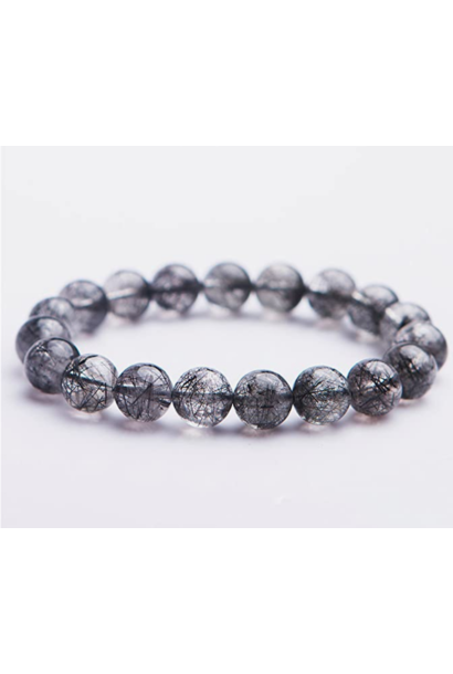 Round Bead Bracelet | Quartz with Black Rutiles