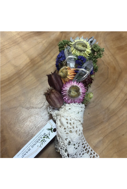 6089 - Crystals & Lace Floral Blessings Wand - Organic Sage & Hand Picked Flowers - each wand is unique & Wrapped by Hand