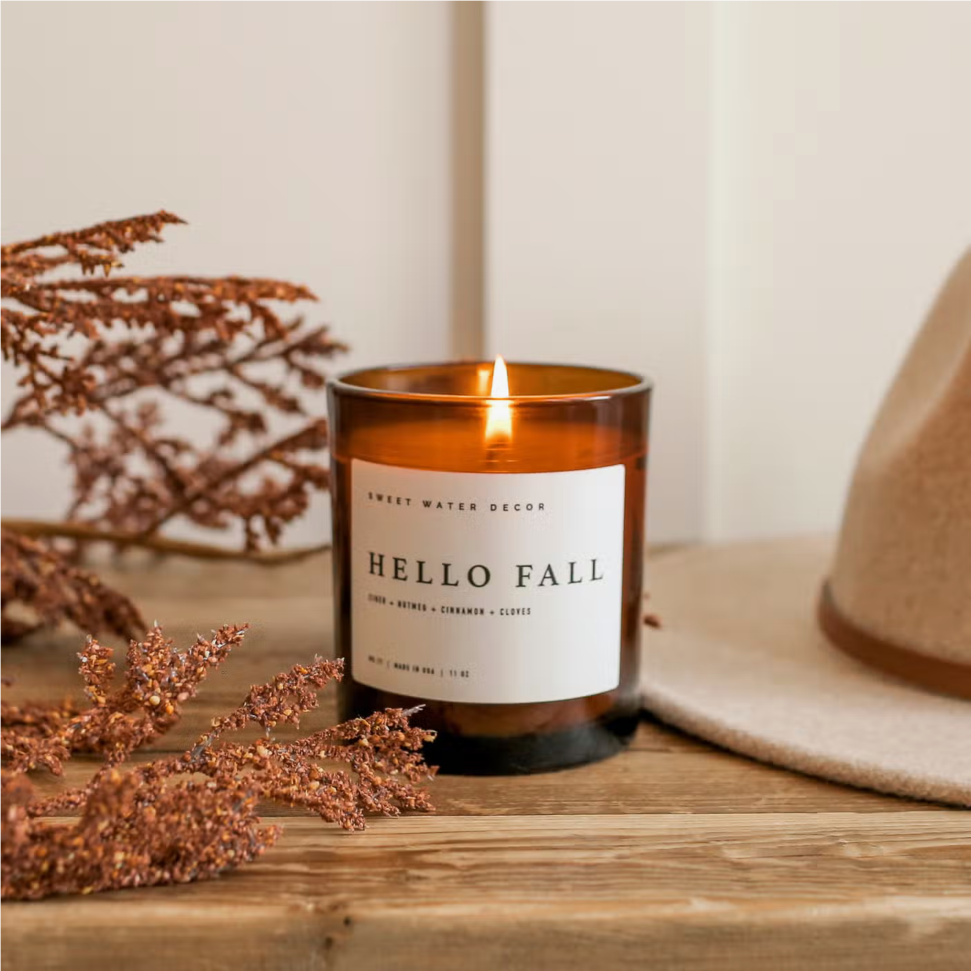 Candle | Hello Fall | 11oz Amber Glass Container-1