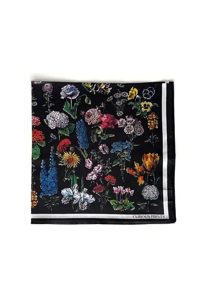 6401 - 100% Silk Scarf - Black Botanical Floral - Bandana - 17"x17"