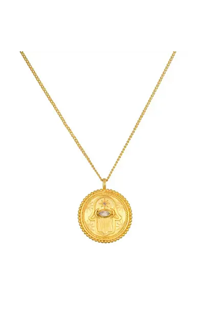 6590 - Necklace - Craddled In Positivity Hamsa with Moonstone - 18"L with 3" Extension - 18k Gold Plated Brass - Satya Jewelry