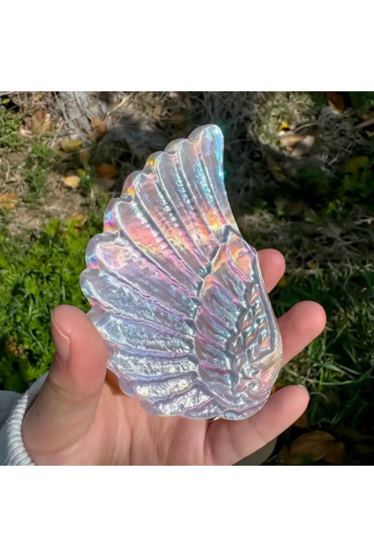 6932 - Aura Selenite Wing - Crystal Carving - 4" Tall x 3" Wide - Hand Carved & Electroplated