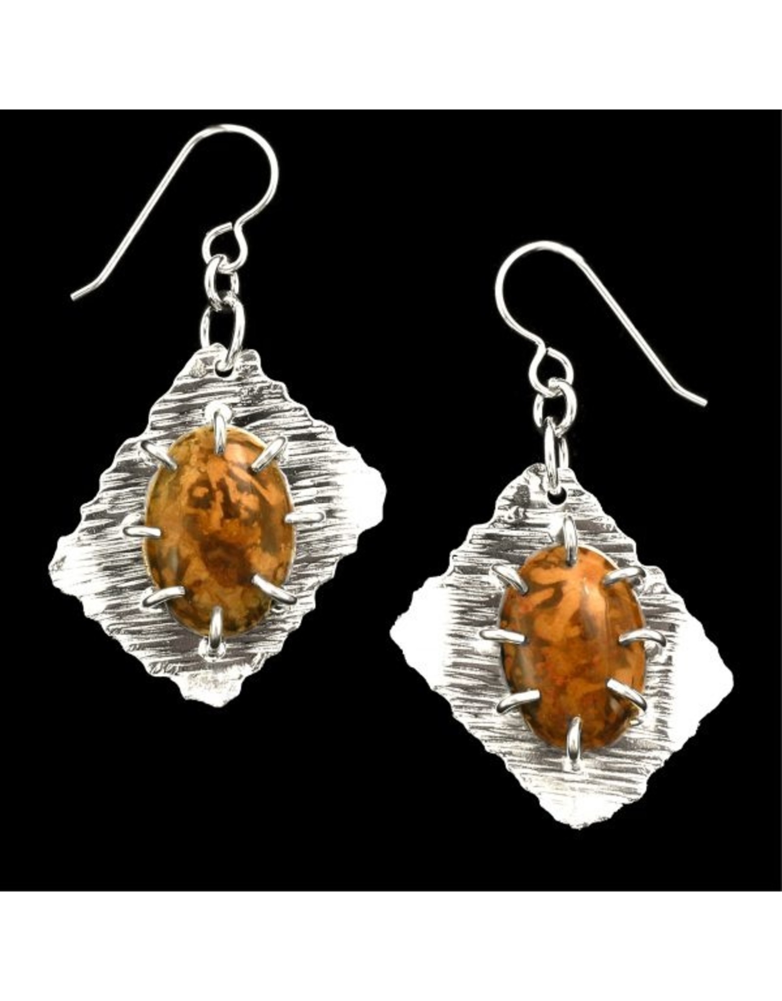 Peter Bauer  "Flower Stone", earrings, hand-forged sterling silver with chrysanthemum stone, by Peter Bauer