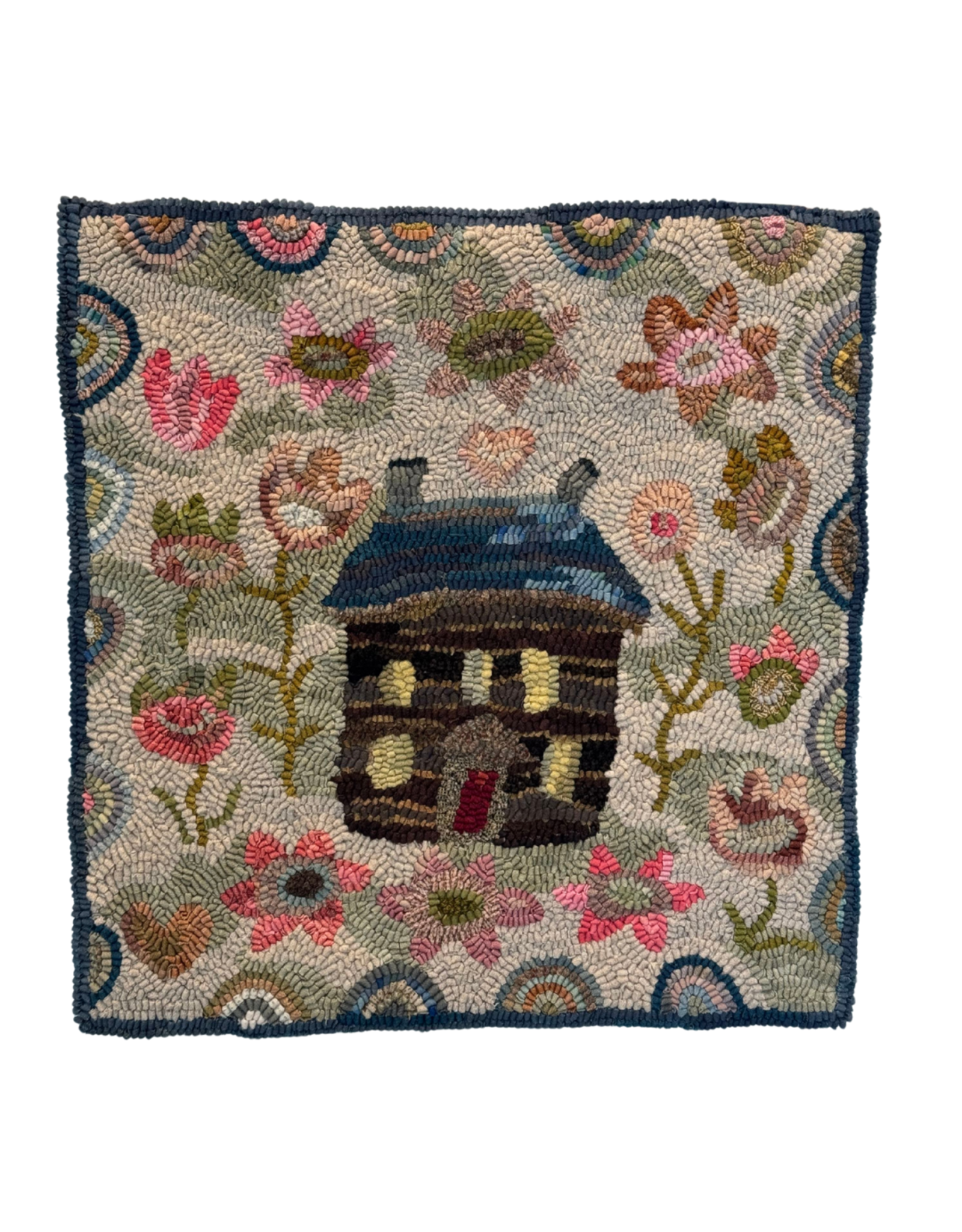 Paula Davis/Loop Maker Pink Floral Old House, hooked rug by Paula Davis