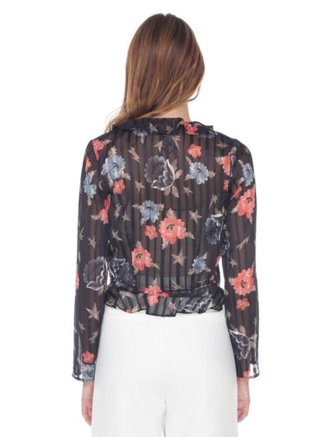 Zero Degrees Celsius- Ruffle Wrap Blouse- Black Floral Print