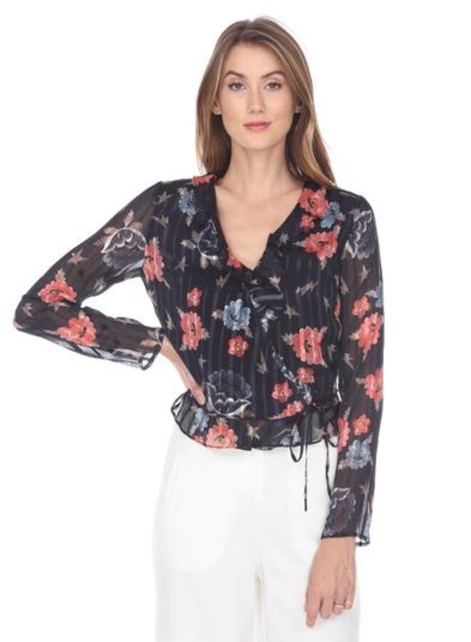 Zero Degrees Celsius- Ruffle Wrap Blouse- Black Floral Print