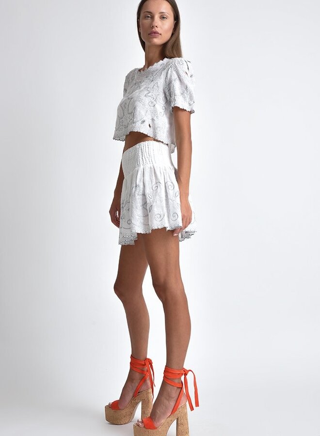 Muche & Muchette- Mika White Embroidery details Mini Skirt- White & Silver